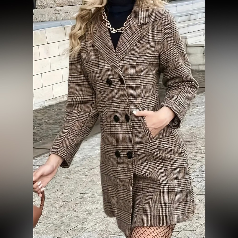 Cozy Plaid Button Up Pea Coat Jacket - Picture 3 of 5